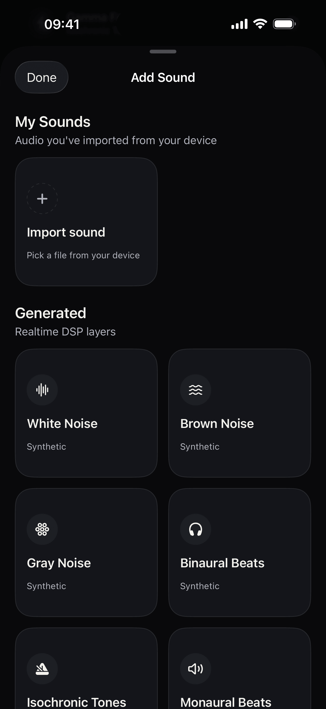 Hush sound picker with imported audio and real-time noise generators
